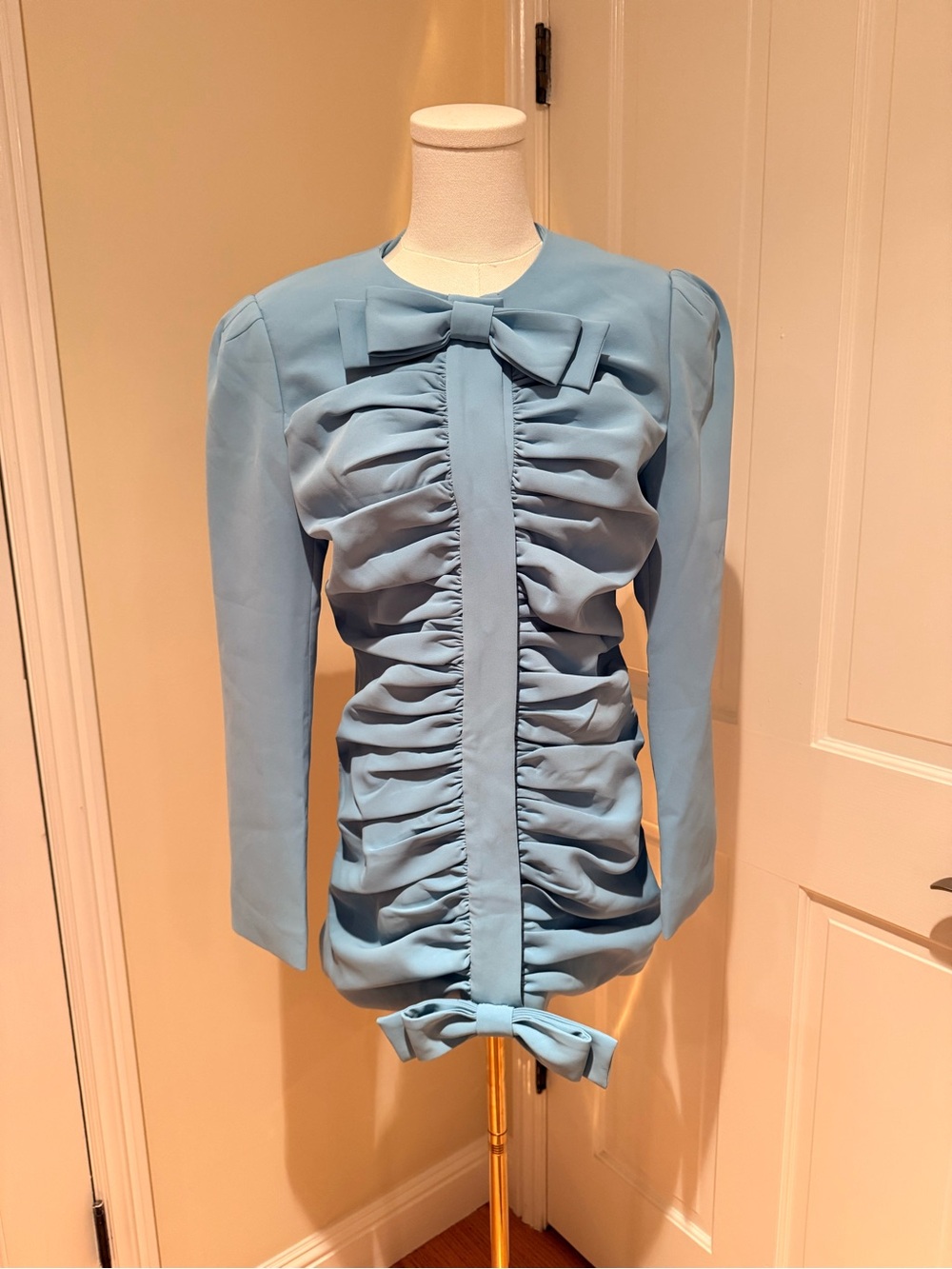 Valentino Powder Blue Ruched Bow-Front Tunic
